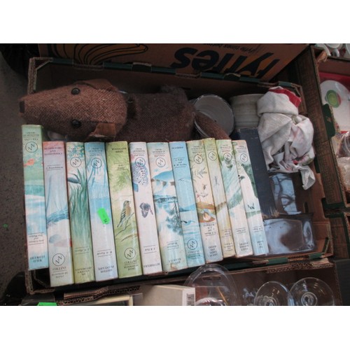136 - Four boxes inc glassware, photo albums, books, carving set, etc