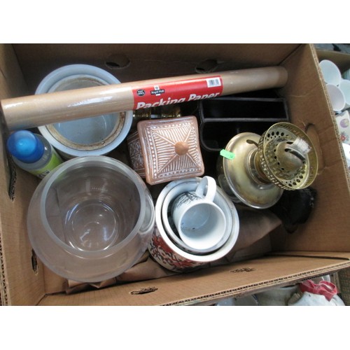 137 - Four boxes inc glassware, baking dishes, Hitachi stereo, paraffin lamp, Gramophone records, etc