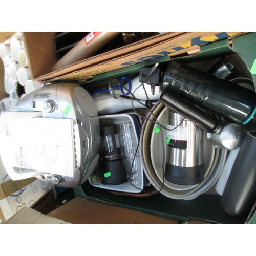 137 - Four boxes inc glassware, baking dishes, Hitachi stereo, paraffin lamp, Gramophone records, etc