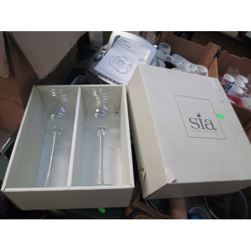 137 - Four boxes inc glassware, baking dishes, Hitachi stereo, paraffin lamp, Gramophone records, etc