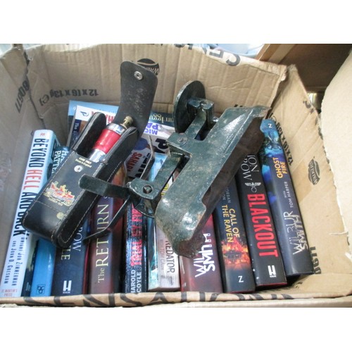 138 - Two boxes inc glass tankards, books, vintage scales, etc