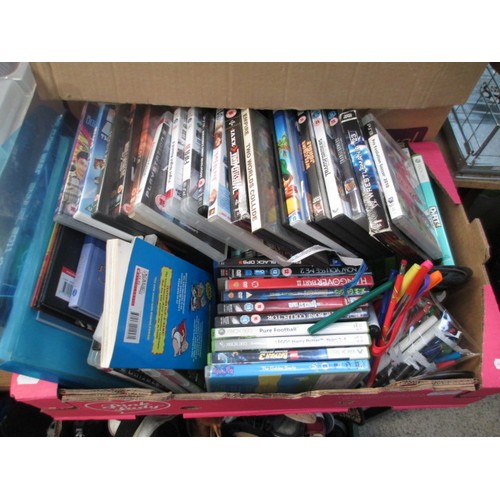 140 - Four boxes inc stationary, DVDs, console games, toys, wallpaper, etc