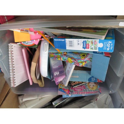 140 - Four boxes inc stationary, DVDs, console games, toys, wallpaper, etc