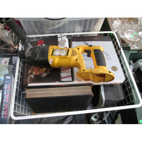 149 - Three boxes inc books, lamps, Videos, drill, etc