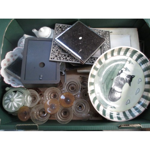 150 - Four boxes inc glassware, plastic crockery, stoneware dishes, etc
