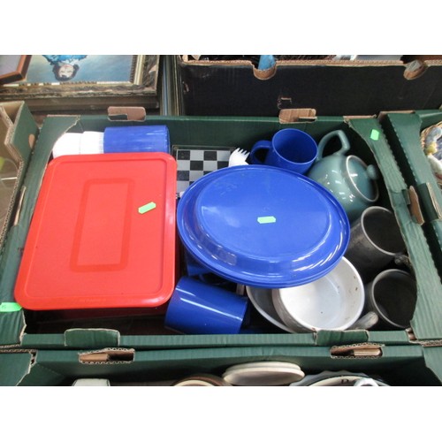 150 - Four boxes inc glassware, plastic crockery, stoneware dishes, etc