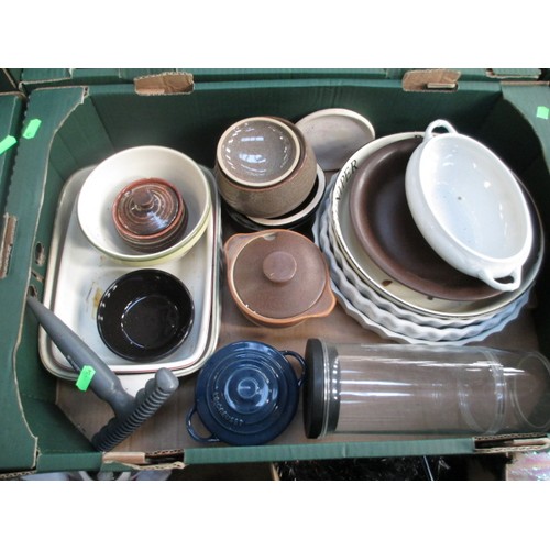 150 - Four boxes inc glassware, plastic crockery, stoneware dishes, etc