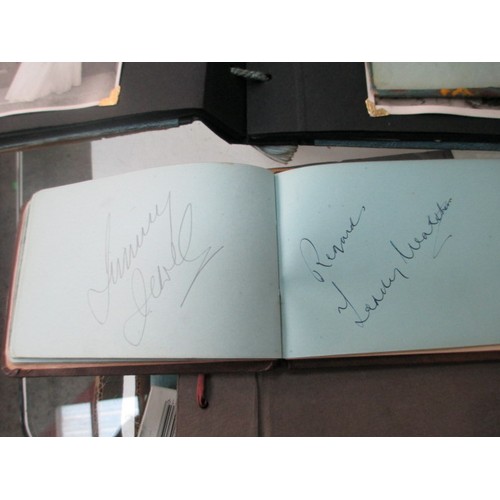 319 - Lot inc vintage autograph book, cigarette card albums, old photographs, carved wooden fruits