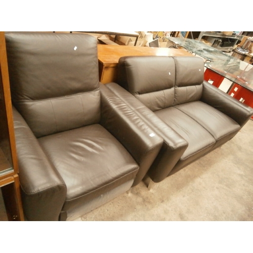 716 - Brown faux leather 2 seater settee and matching armchair