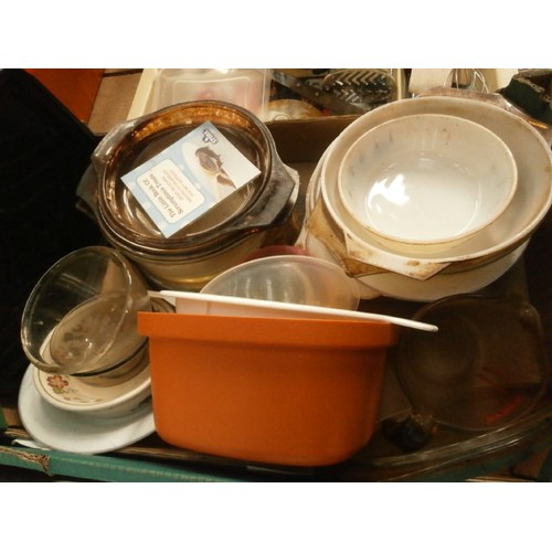 105 - Three boxes inc cutlery, Tower grill, casserole dishes, iron, etc