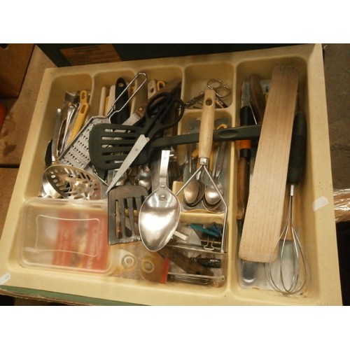 105 - Three boxes inc cutlery, Tower grill, casserole dishes, iron, etc