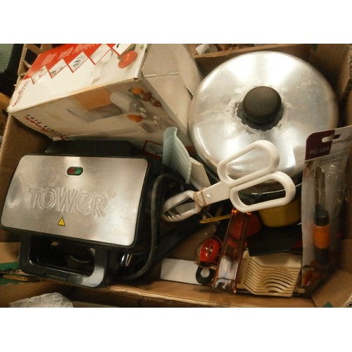 105 - Three boxes inc cutlery, Tower grill, casserole dishes, iron, etc