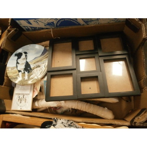 106 - Four boxes inc cosmetics, handbags, decorative plates, ornaments, etc