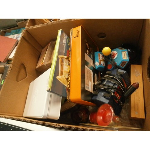 107 - Four boxes inc board games, hair dryer, car dehumidifier, games, clothes hangers, etc