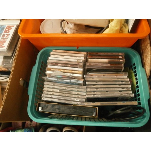 119 - Three boxes inc CDs, aluminium CD case, fan heater, etc