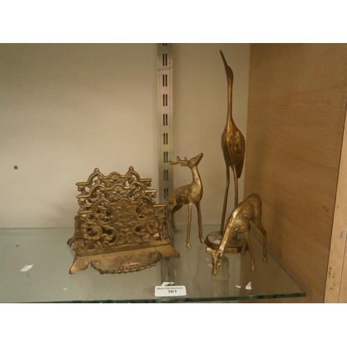 361 - Lot inc Brass letter rack and brass animal figurines