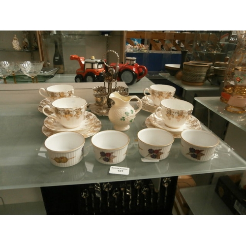 431 - Lot inc Belleek jug, four bone china trios, Royal Worcester pots, etc