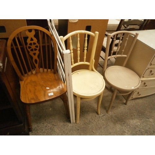 617 - 2 x painted Bentwood chairs, a wheelback chair and a clothes maiden