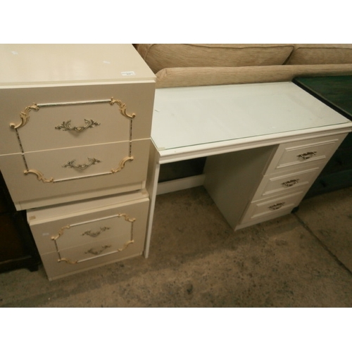 637 - Glass top 3 drawer dressing table and a pair of 2 drawer bedside chests