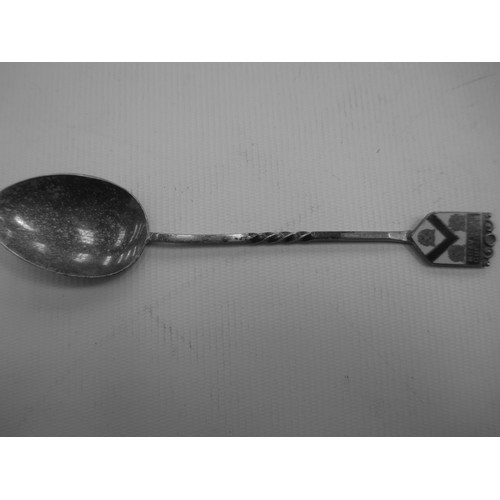 319 - Display shelf containing souvenir spoons, six spoons are silver hallmarked.