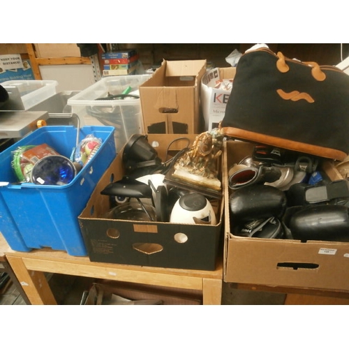 129 - Three boxes inc ornaments, steam cleaner, boxing gloves, spotlight, etc