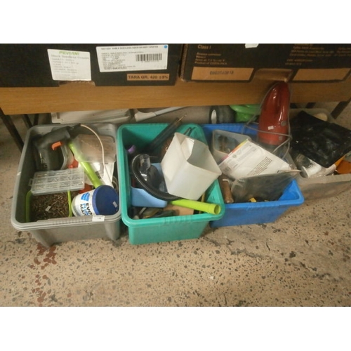 136 - Four boxes inc tools, hardware, vacuum accessories, etc
