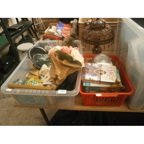 137 - Lot inc lamp, crockery, ornaments, Tarot cards, etc