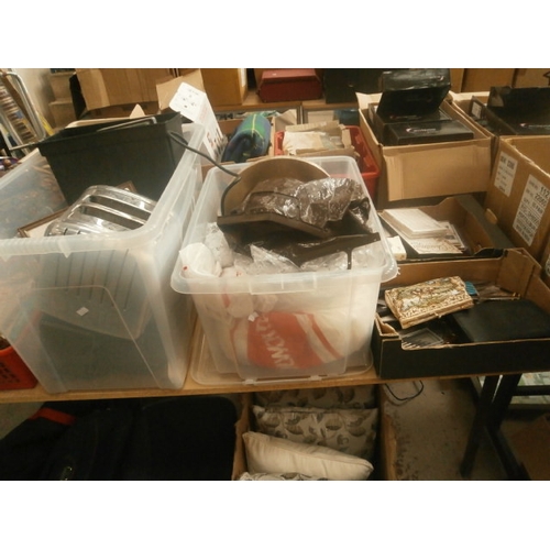 138 - Four boxes inc paper shredder, toaster, Christmas decorations, cutlery, CDs, etc