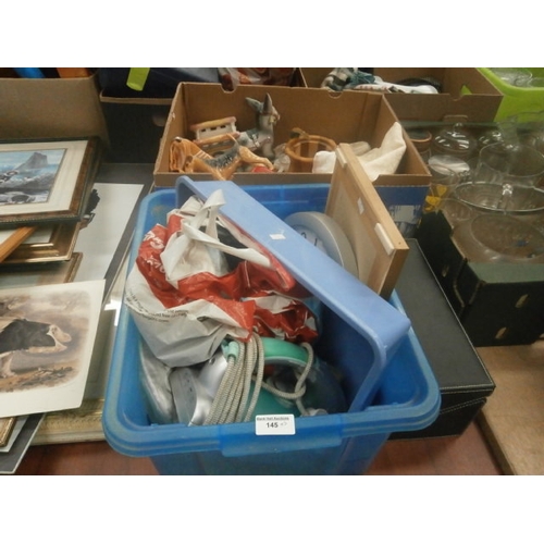 145 - Lot inc ornaments, CD case containing CDs, clock, iron, etc