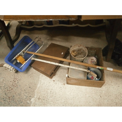 150 - Lot inc garden seed spreader, hardware, metal case, padlocks, etc