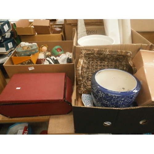 167 - Lot inc plant pots, posters, sewing box, lamp, etc