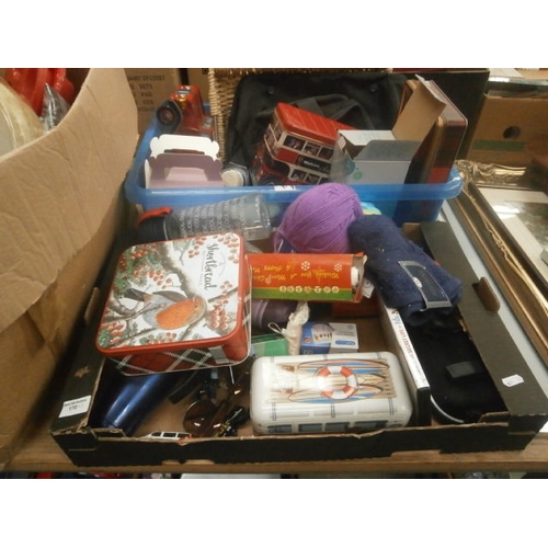 170 - Two boxes inc novelty tins, wool, candles, cars, etc