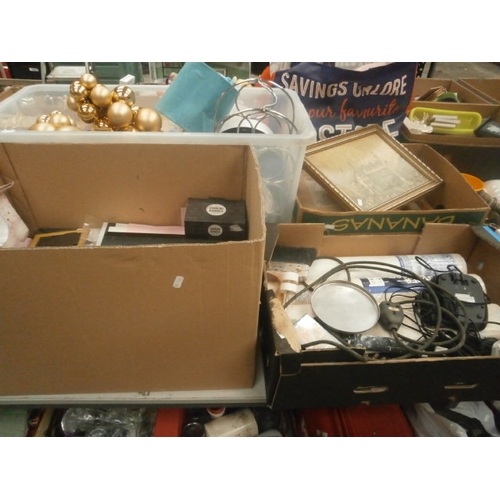 172 - Four boxes inc books, baubles, framed artwork, wallpaper, etc