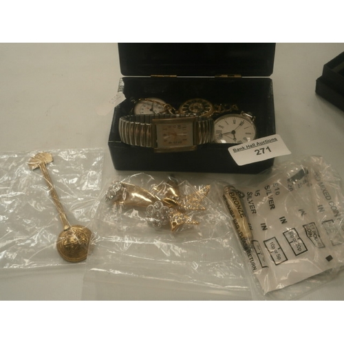 271 - Lot inc vintage pen knife , Egyptian spoon , pocket watches etc
