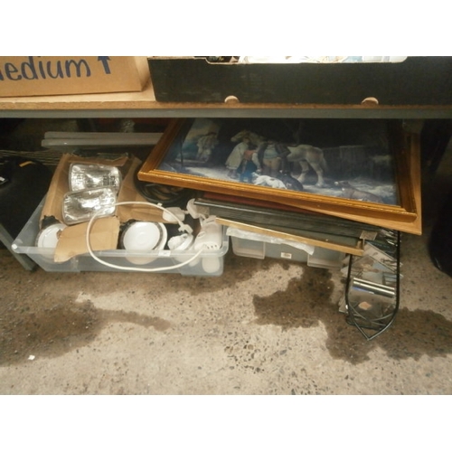 291 - Lot inc artwork, car lights, CDs, extension socket, etc
