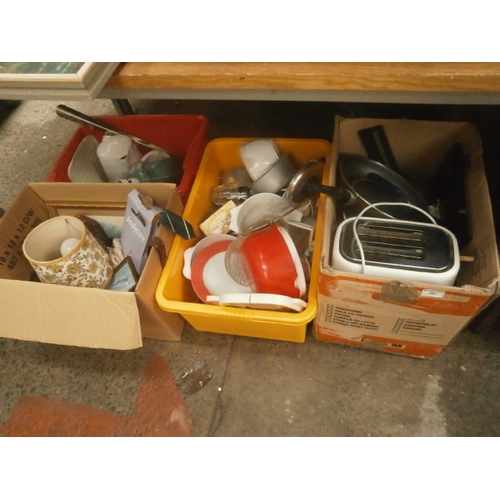 293 - Four boxes inc crockery, toaster, lamps, ties, etc