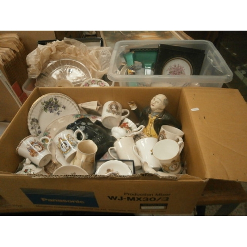 294 - Three boxes inc commemorative ware, china pieces, novelty teapot, etc