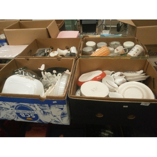 296 - Four boxes inc glass storage jars, crockery, telephone, teapot, modern signage, etc