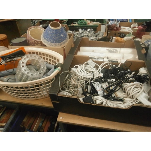 298 - Three boxes and basket inc lampshades, extension sockets, wallpaper, cordless telephones, etc