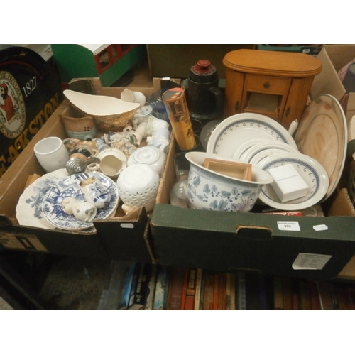 299 - Two boxes inc blue & white tableware, ornaments, jewellery cabinet, etc