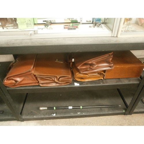 365 - Lot inc four vintage leather bags and old wooden file storage box