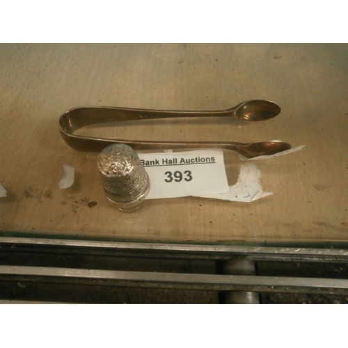 393 - Silver hallmarked sugar tongs and thimble