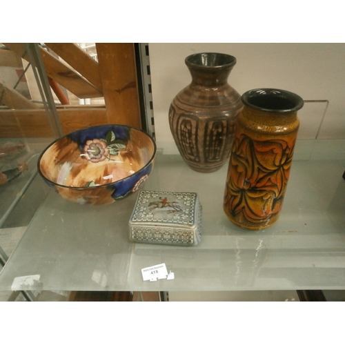 418 - Lot inc Poole vase, Hnd painted Gaietly Tunstall bowl, etc