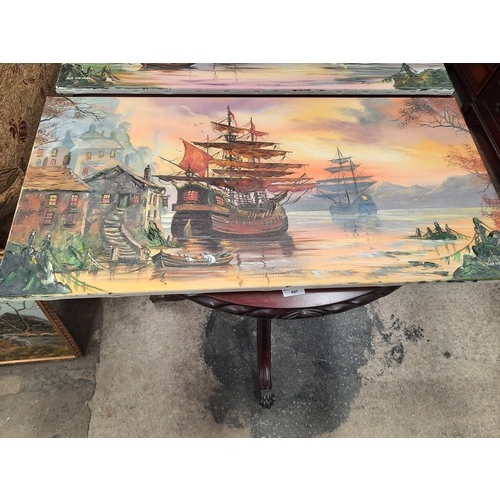 25 - John Corcoran oil on canvas ship themed painting 36 x 18 inch