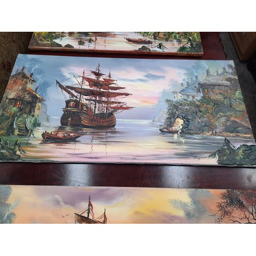 26 - John Corcoran oil on canvas ship themed painting 36 x 18 inch