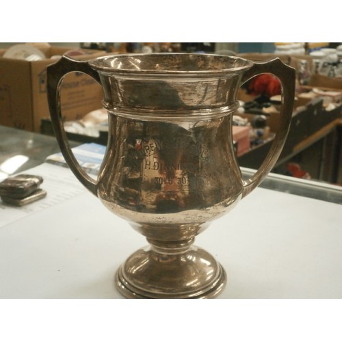 40 - Large silver hallmarked double handled trophy with inscription weight 330G c.1930