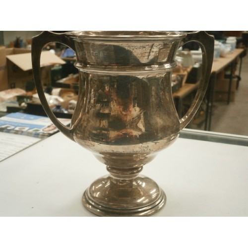 40 - Large silver hallmarked double handled trophy with inscription weight 330G c.1930