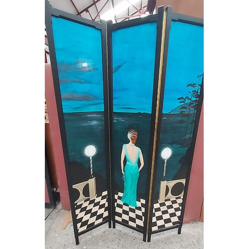 57 - Large hand painted double sided Screen, painted by local artist E Hobson