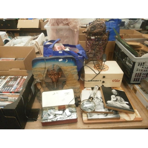 262 - Lot inc Mirror, artwork, lamp, vintage Gillette blades, Egyptianology ornaments, etc