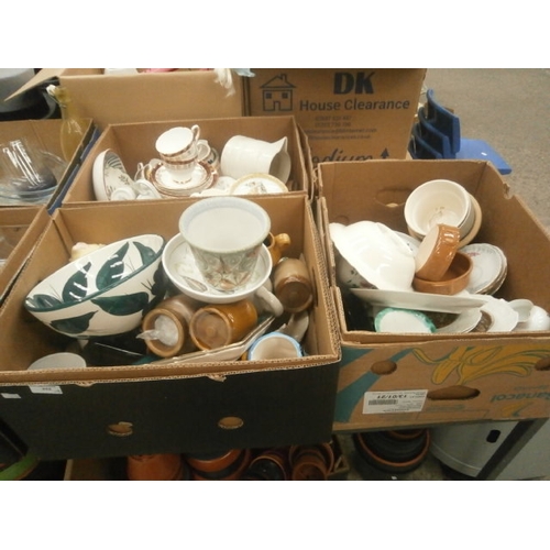 332 - Three boxes inc bone china, stoneware jars, decorative plates, Denby pottery, etc